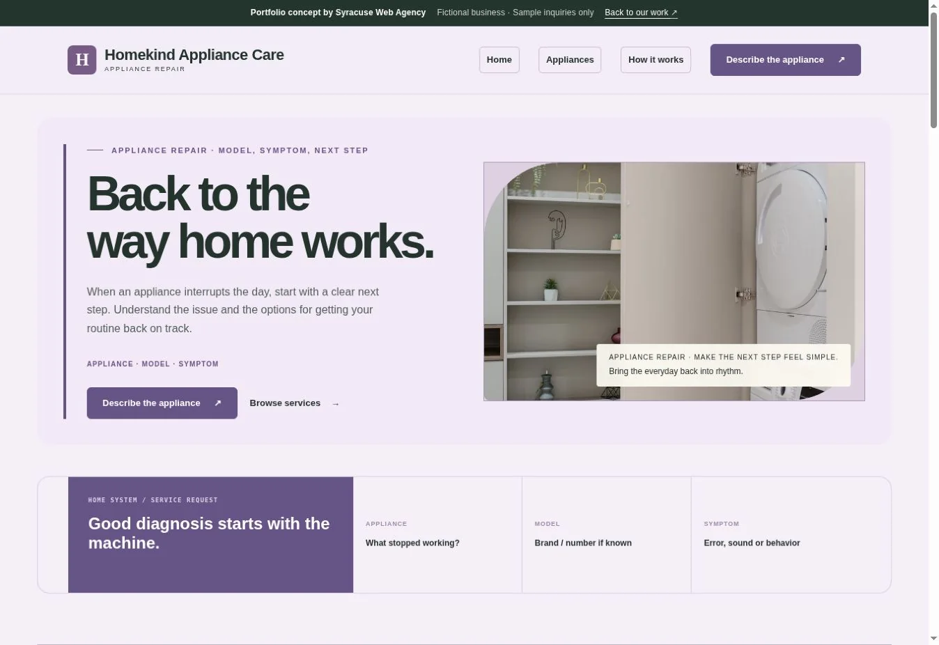 Actual Homekind Appliance Care demonstration homepage