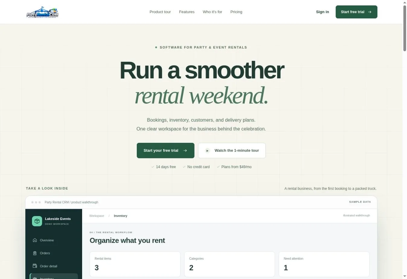 Actual Party Rental CRM homepage screenshot