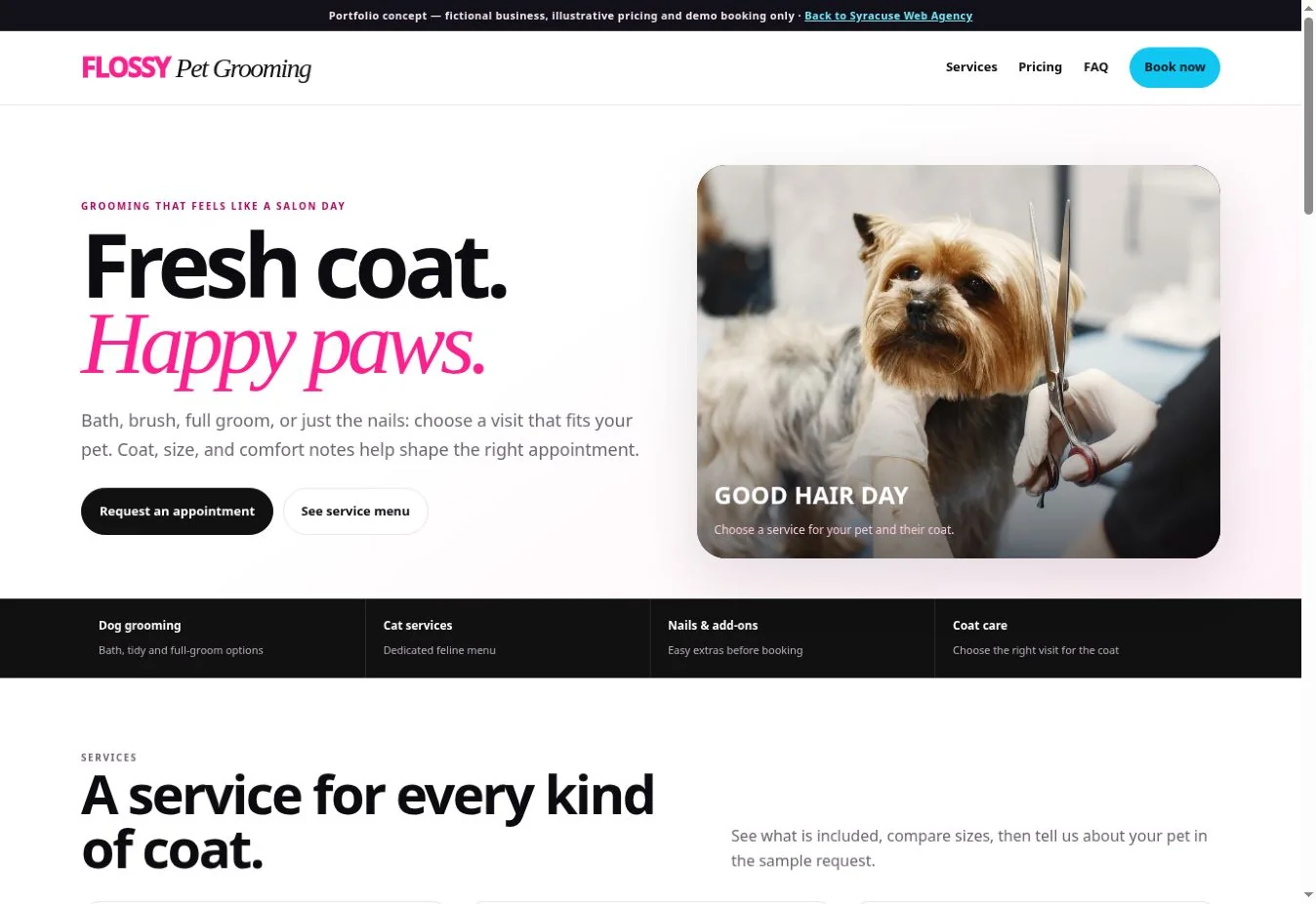 Actual Flossy Pet Grooming demonstration homepage