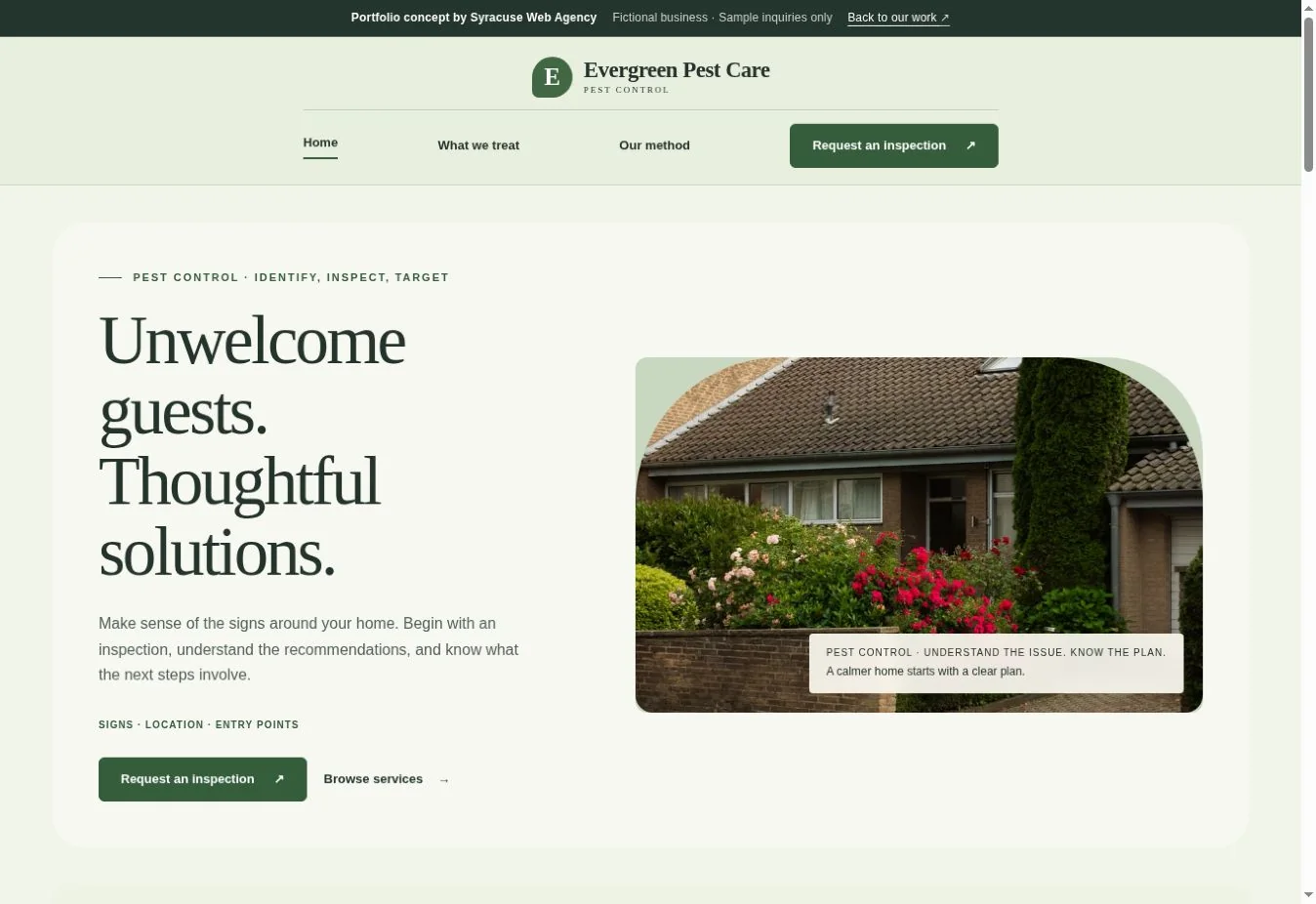 Actual Evergreen Pest Care demonstration homepage