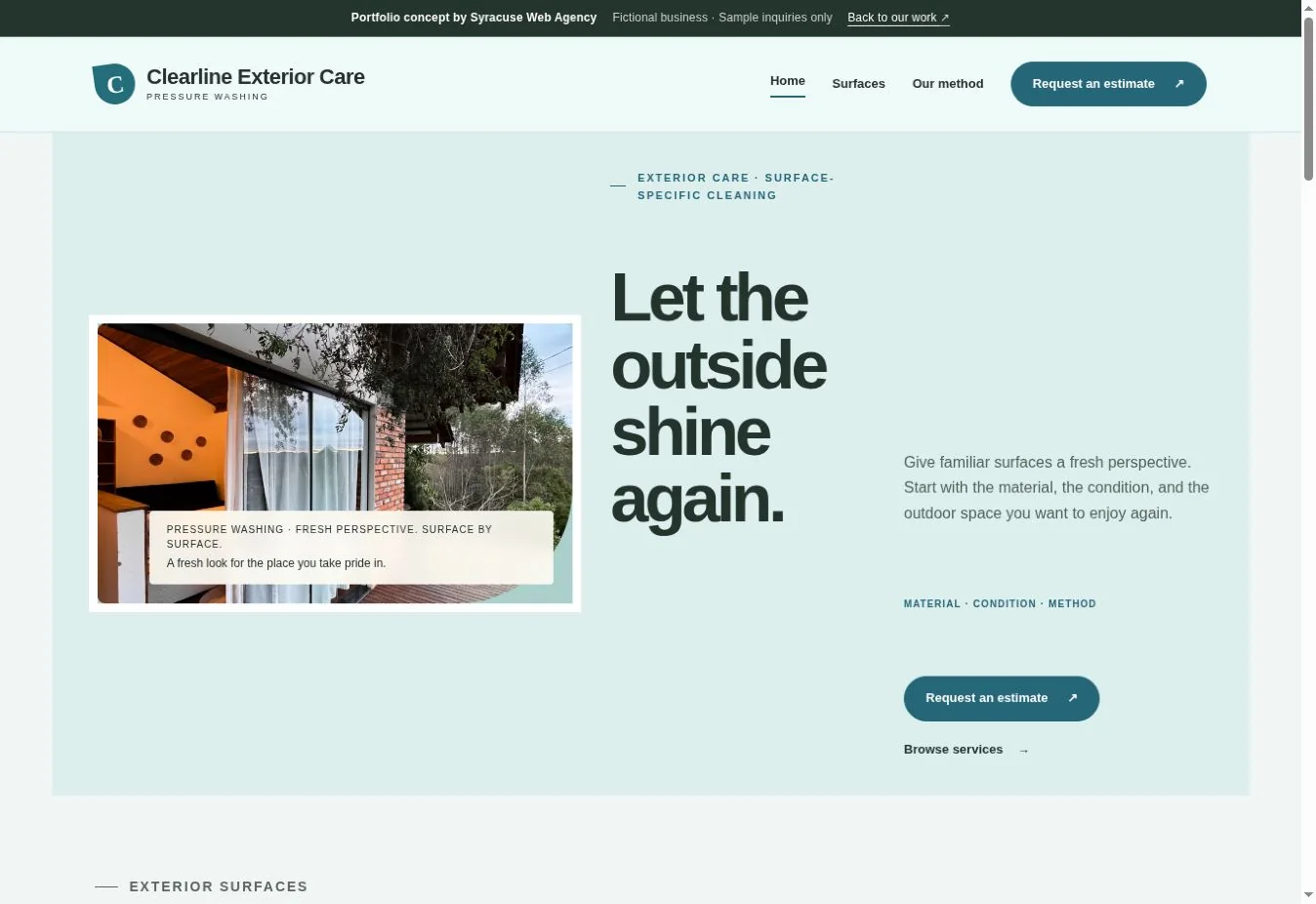 Actual Clearline Exterior Care demonstration homepage
