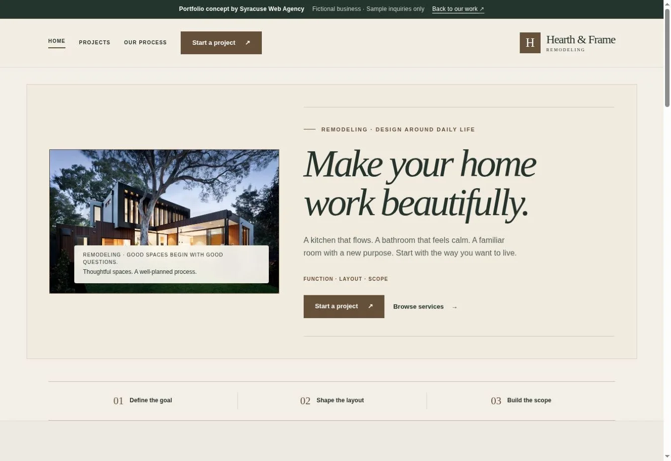 Actual Hearth & Frame demonstration homepage