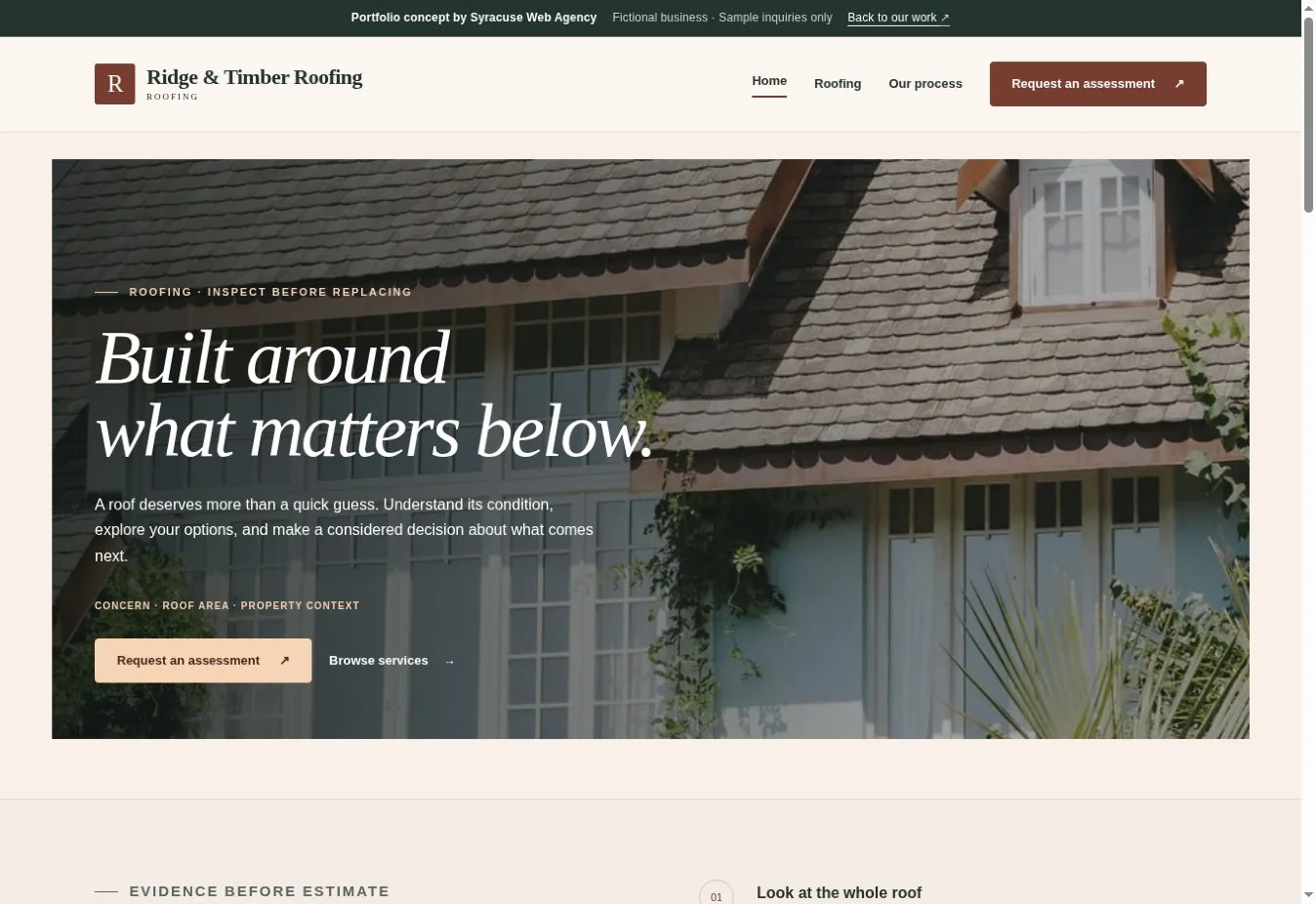Actual Ridge & Timber Roofing demonstration homepage