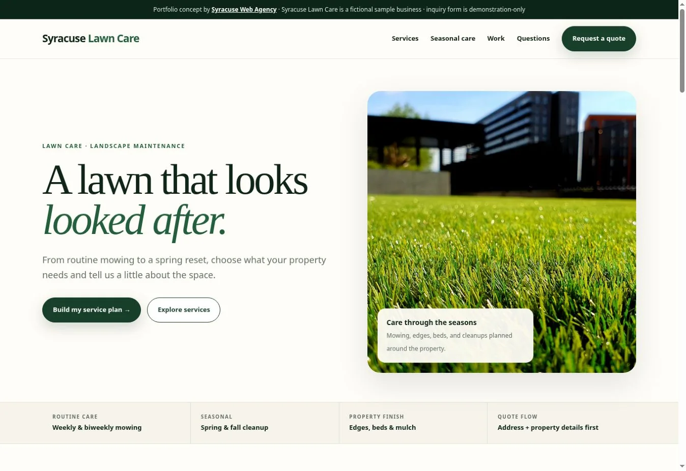 Actual Syracuse Lawn Care demonstration homepage